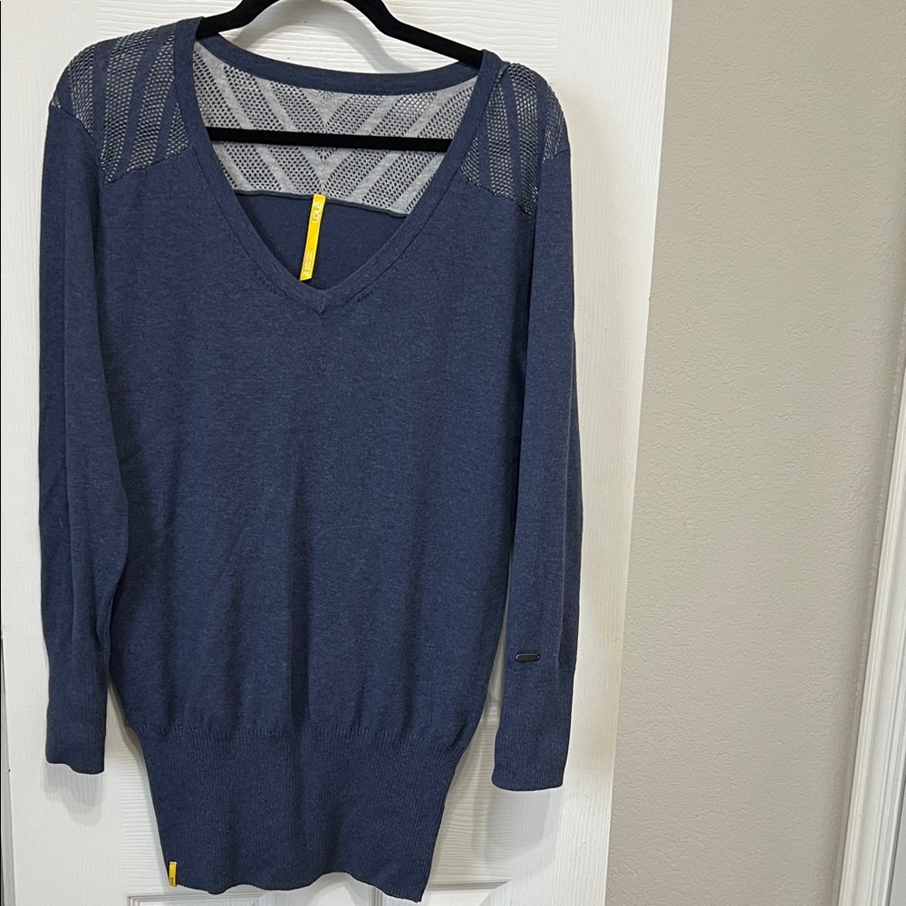 Lole Blue V-Neck Sweater with Mesh Yoke